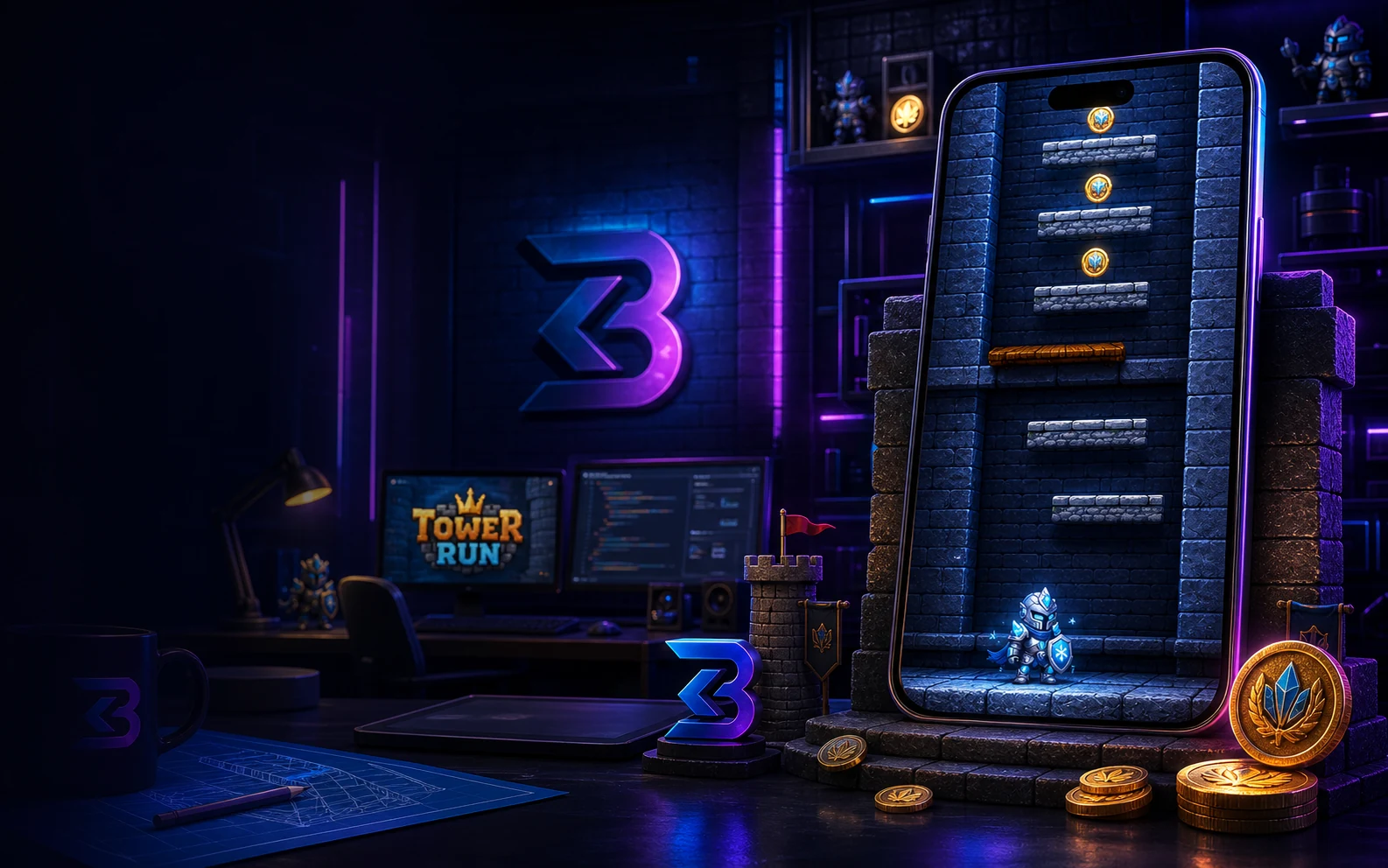 BKaseLabs arcade lab with TowerRun gameplay presentation