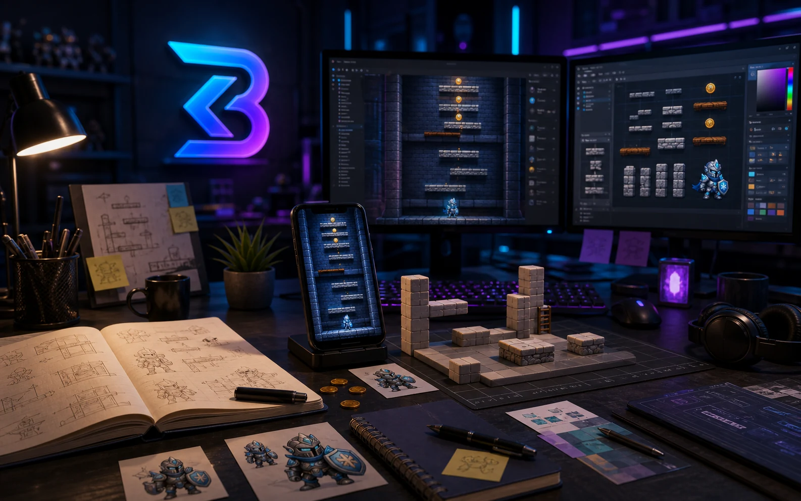 BKaseLabs studio desk with TowerRun development materials
